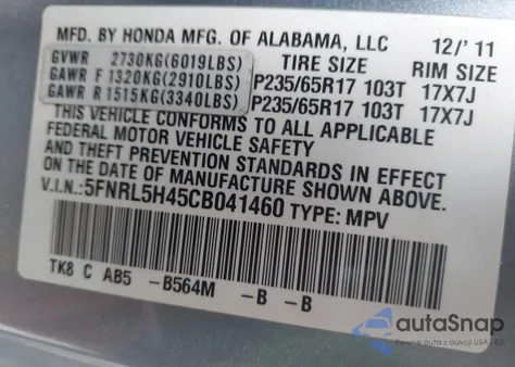2012 Honda Odyssey Ex z USA, uszkodzony, nr VIN 5FNRL5H45CB041460